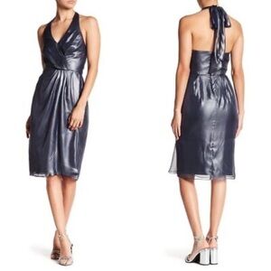 VERA WANG - Metallic Chiffon Halter Cocktail Dress In Navy - Size 14